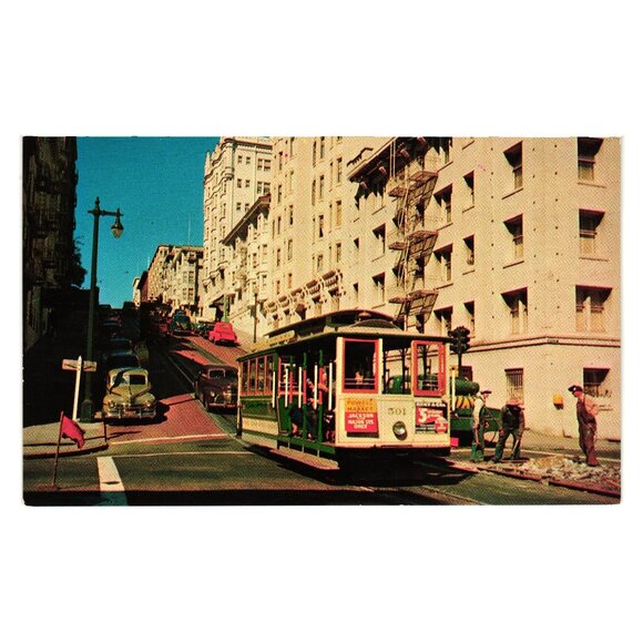 San Francisco Cable Car Trolly Vintage Postcard Powell Market Hills Street Scene - Picture 1 of 2